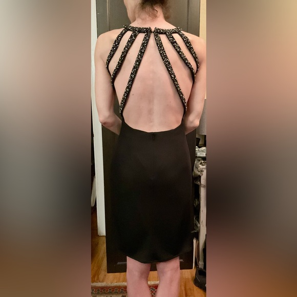 Jovani Black Sculpted Open Back Silver Beaded Cage Evening Dress Size 4 - Picture 2 of 12